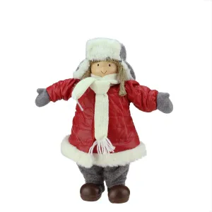 12.25" Cheerful Young Girl Gnome in Red Puffy Winter Coat and Gray Bomber Hat Christmas Decoration