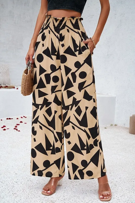 Abstract Wide Leg Pants - Beige