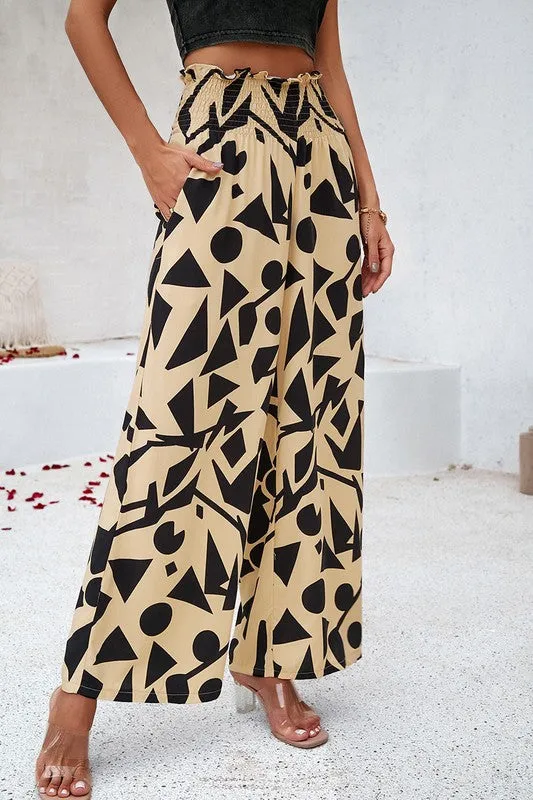 Abstract Wide Leg Pants - Beige