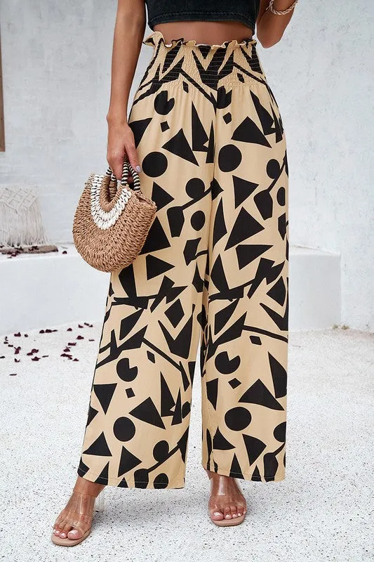 Abstract Wide Leg Pants - Beige