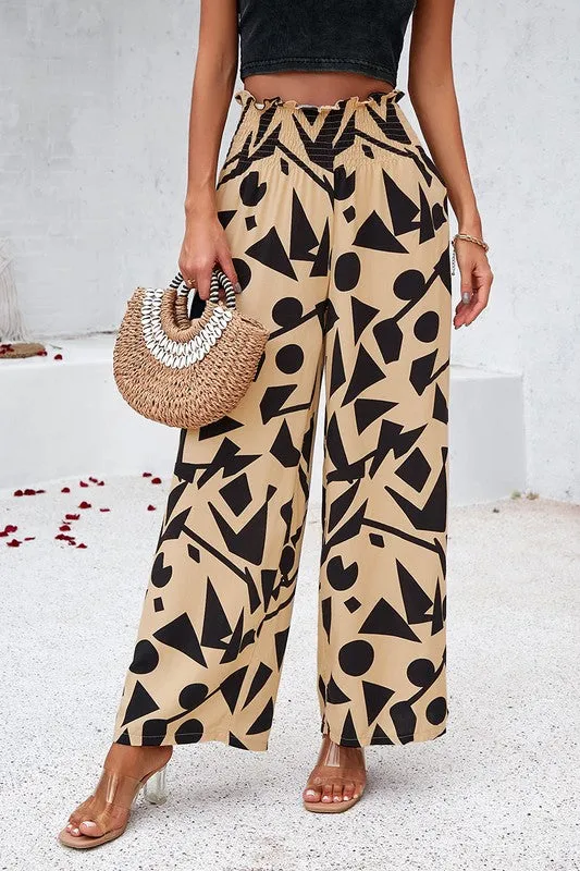 Abstract Wide Leg Pants - Beige