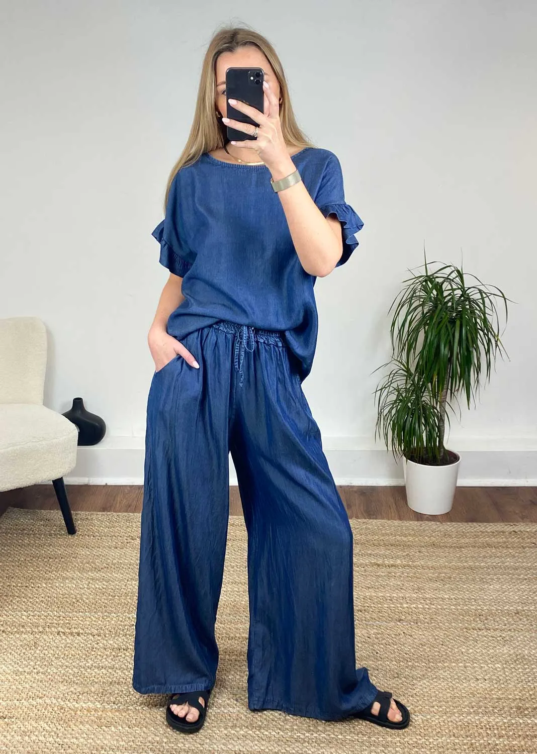 Annabella Chambray Wide Leg Pants - Dark Indigo