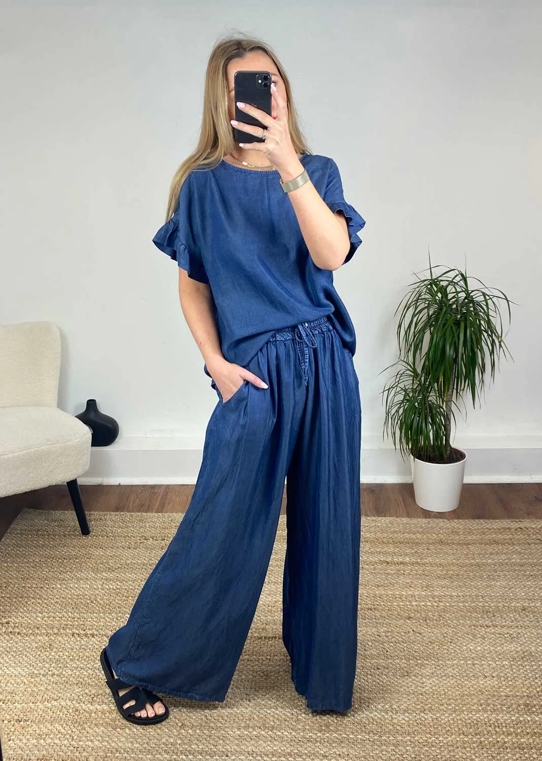 Annabella Chambray Wide Leg Pants - Dark Indigo