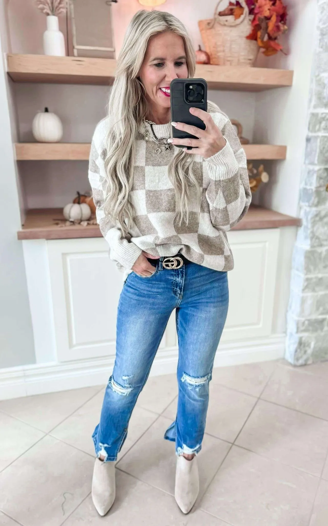 Beige Checkered Sweater Top