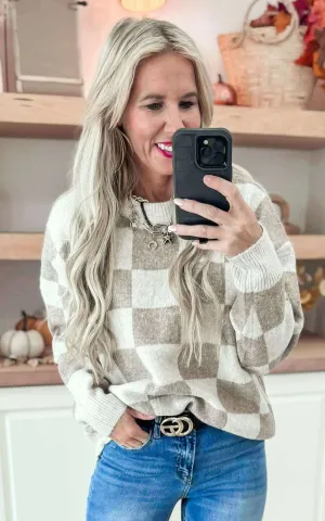 Beige Checkered Sweater Top