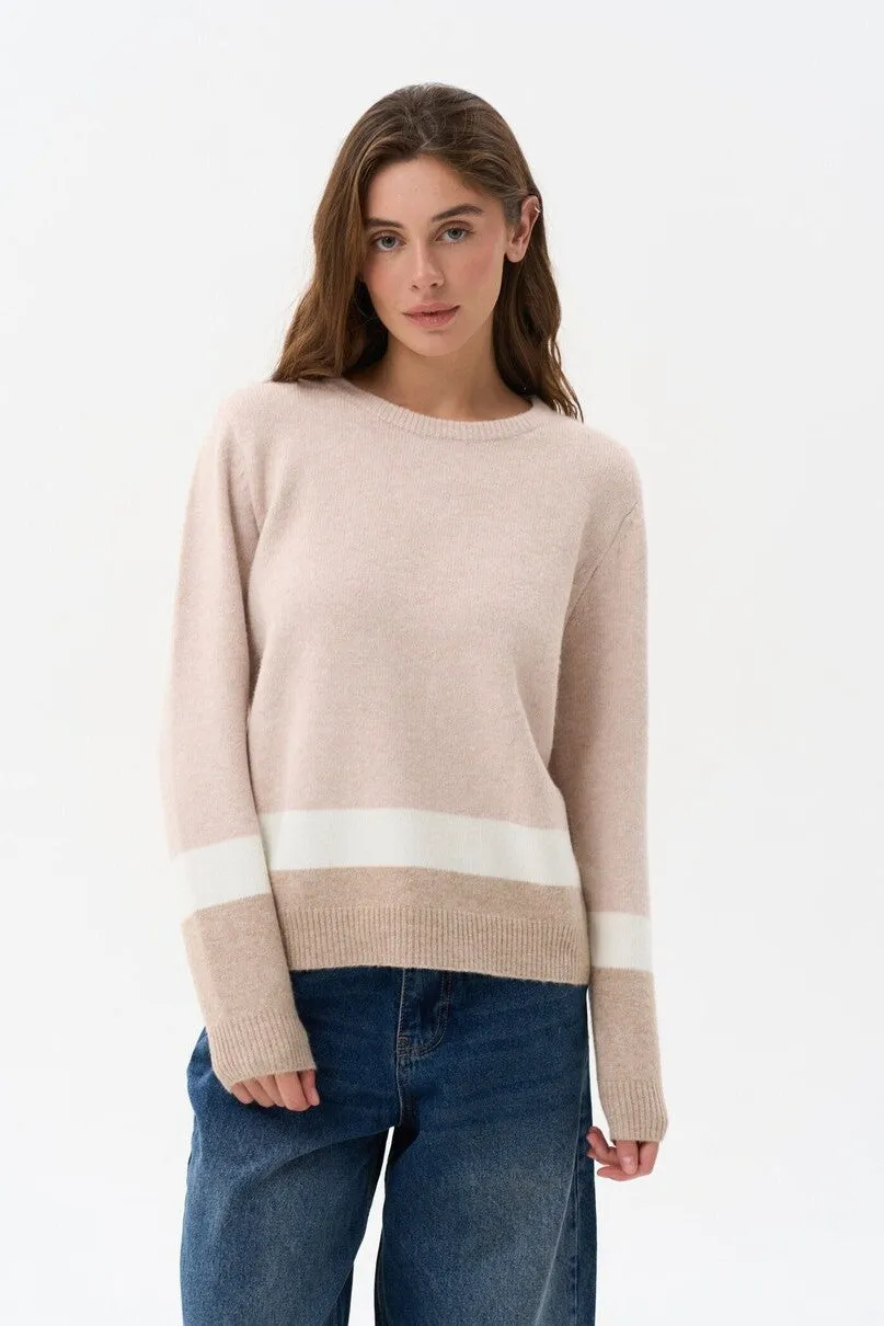 Beige Color Block Knit Sweater