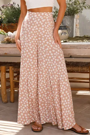 Beige Daisy Print Wide Leg Pants