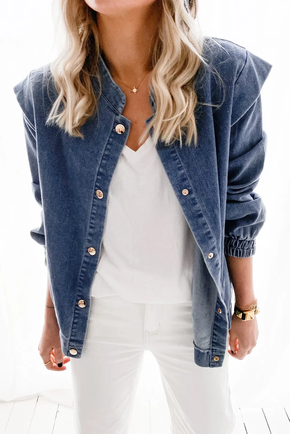 Blue Solid Color Elastic Cuffs Buttoned Denim Jacket