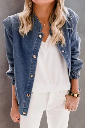 Blue Solid Color Elastic Cuffs Buttoned Denim Jacket