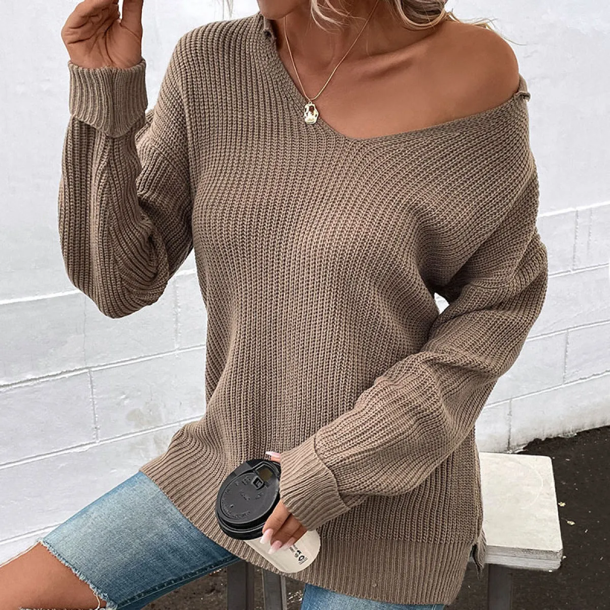 Brown V-Neck Knitted Sweater