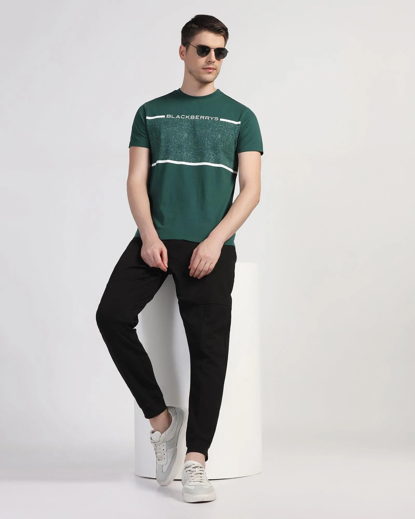 Crew Neck Hunter Green Printed T-Shirt - Peak