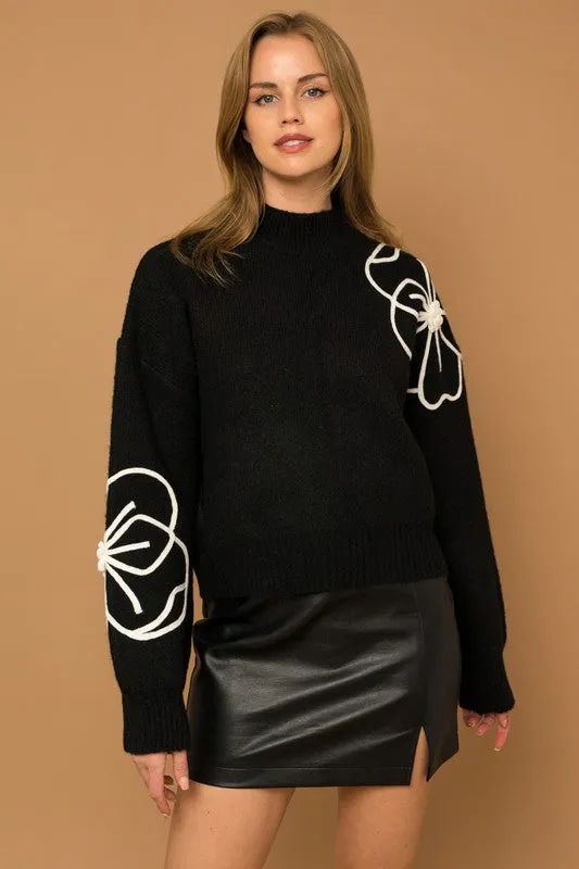 Flower Embroidery Mock Neck Sweater