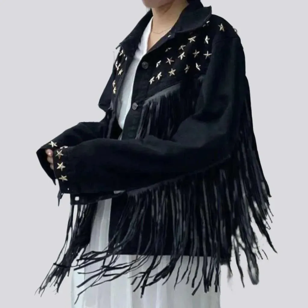 Fringe embellished color denim jacket