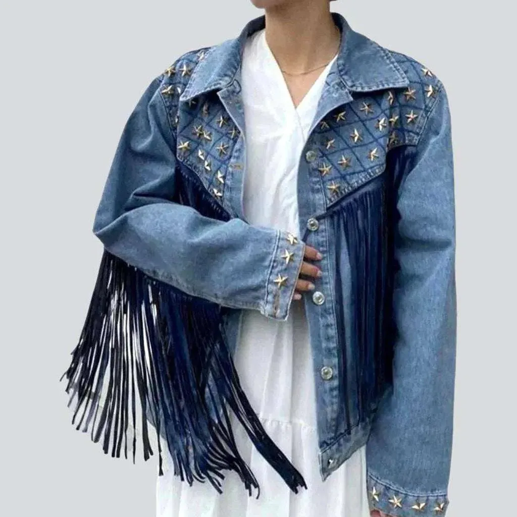 Fringe embellished color denim jacket