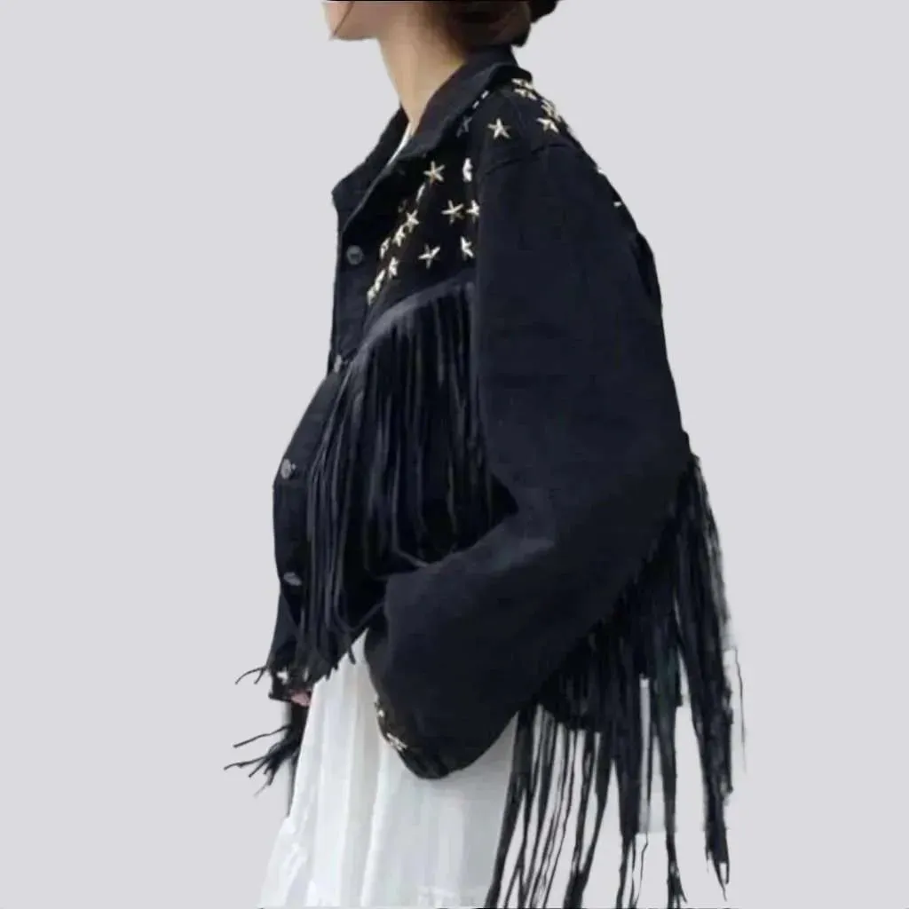 Fringe embellished color denim jacket