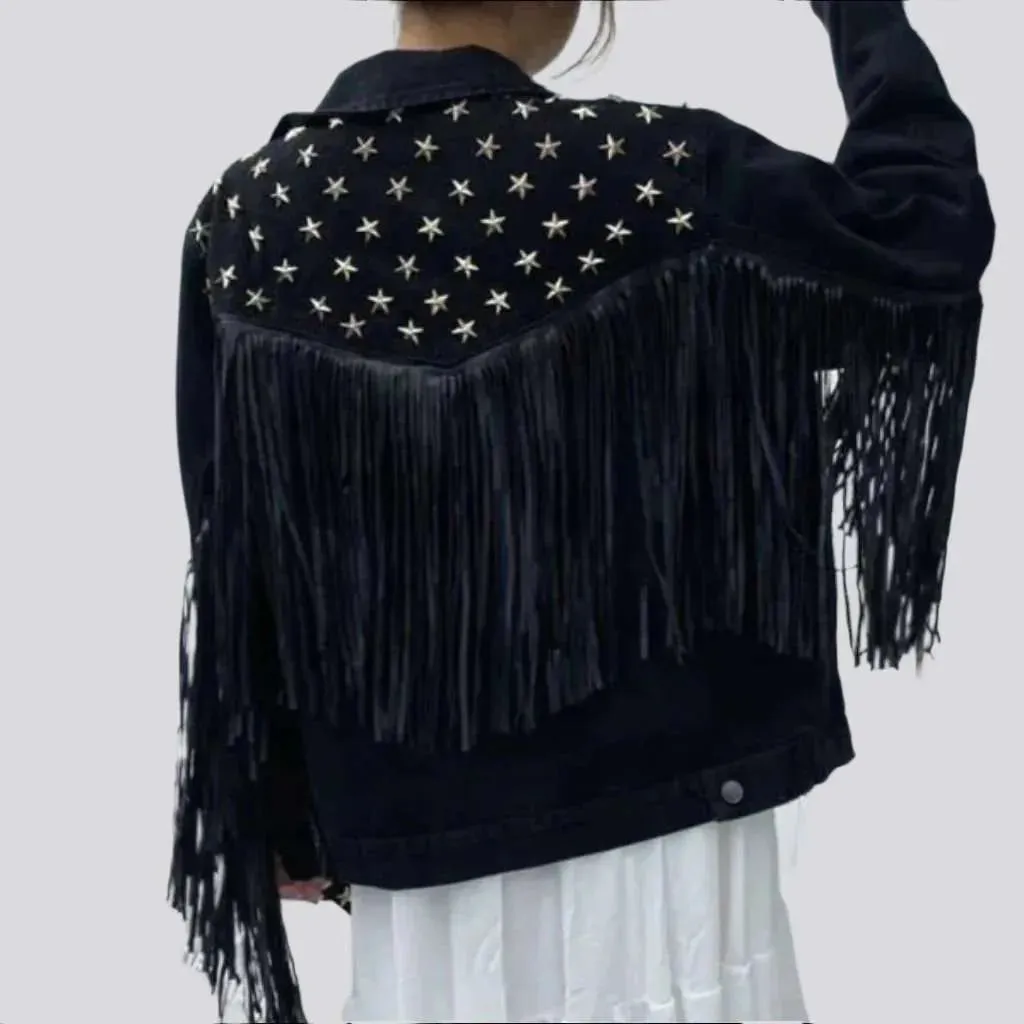 Fringe embellished color denim jacket