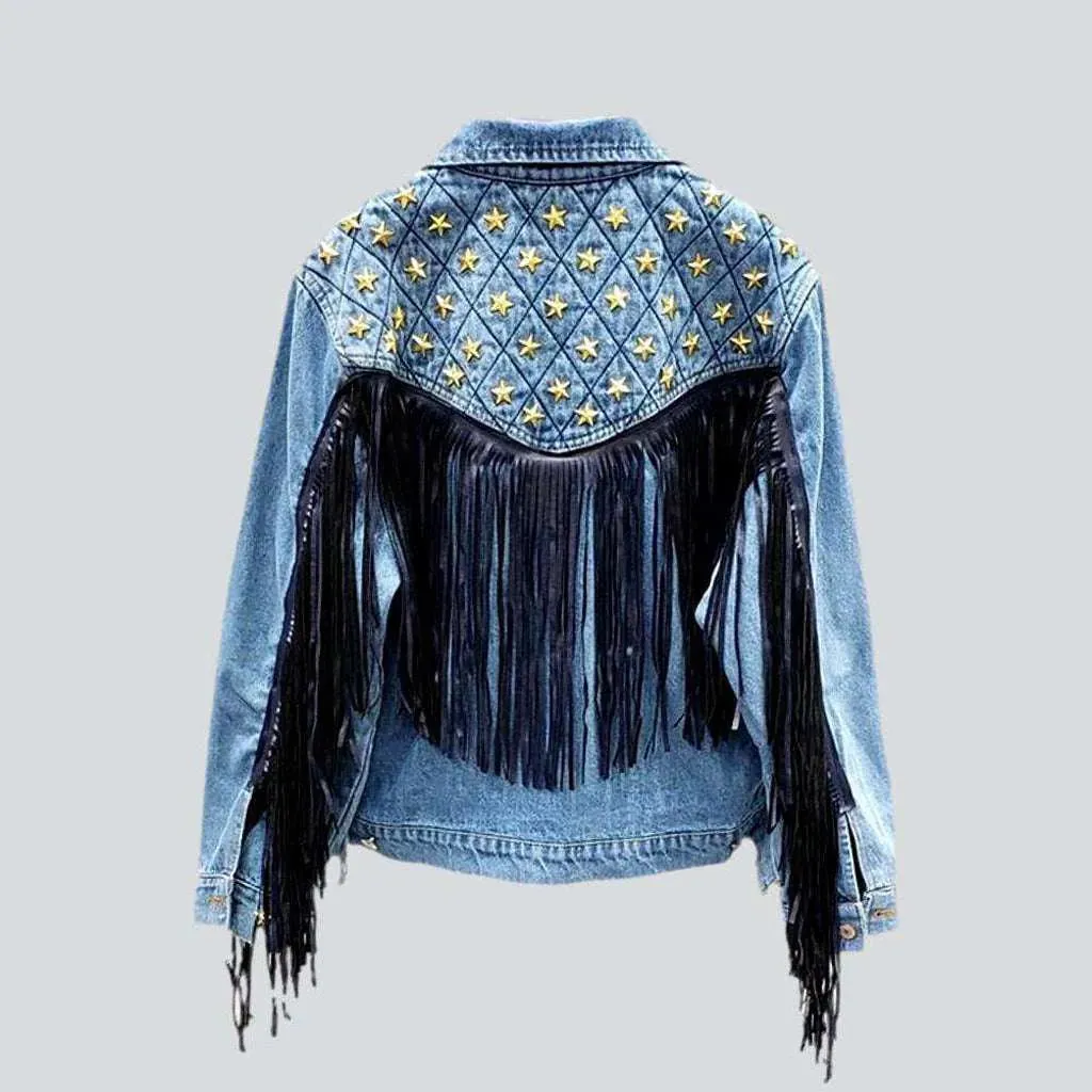 Fringe embellished color denim jacket