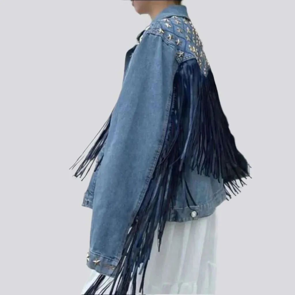 Fringe embellished color denim jacket