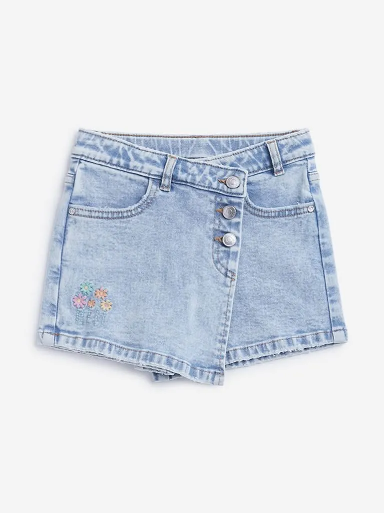 HOP Kids Blue Floral Embroidered Denim Skort