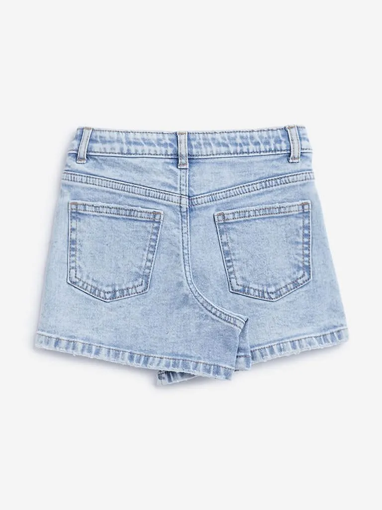 HOP Kids Blue Floral Embroidered Denim Skort