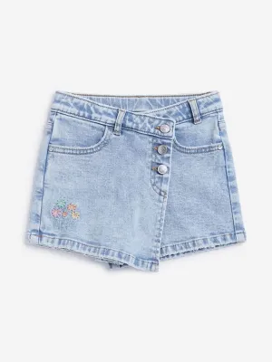 HOP Kids Blue Floral Embroidered Denim Skort