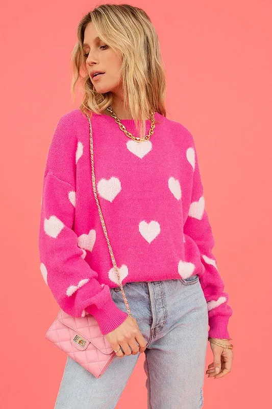 Love Pink Fuzzy Hearts Drop Shoulder Sweater