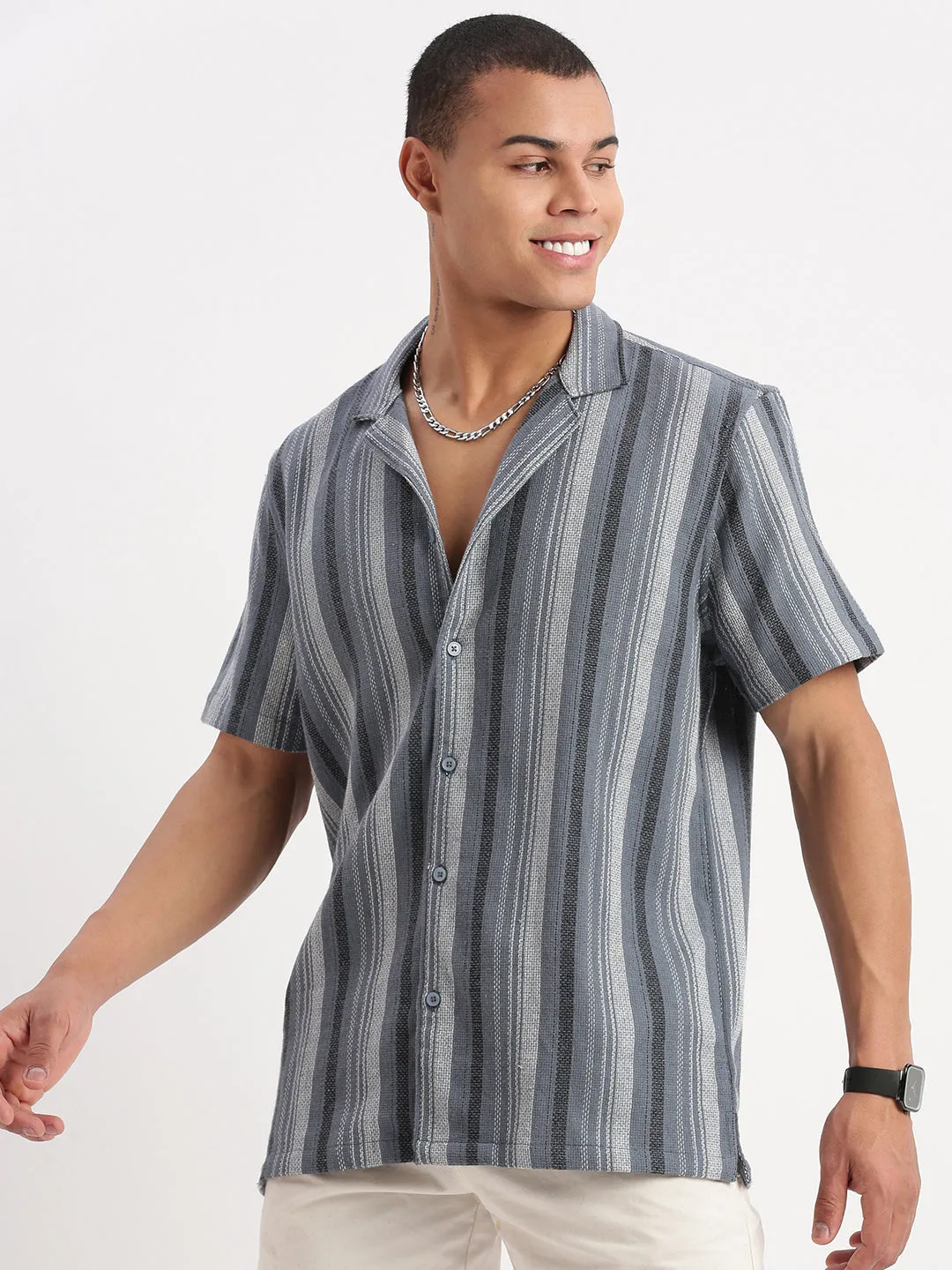 Men Cuban Collar Vertical Stripes Grey Shirt