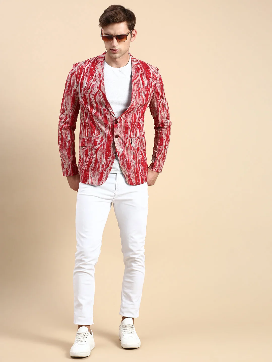 Men Maroon Printed Casual Blazer