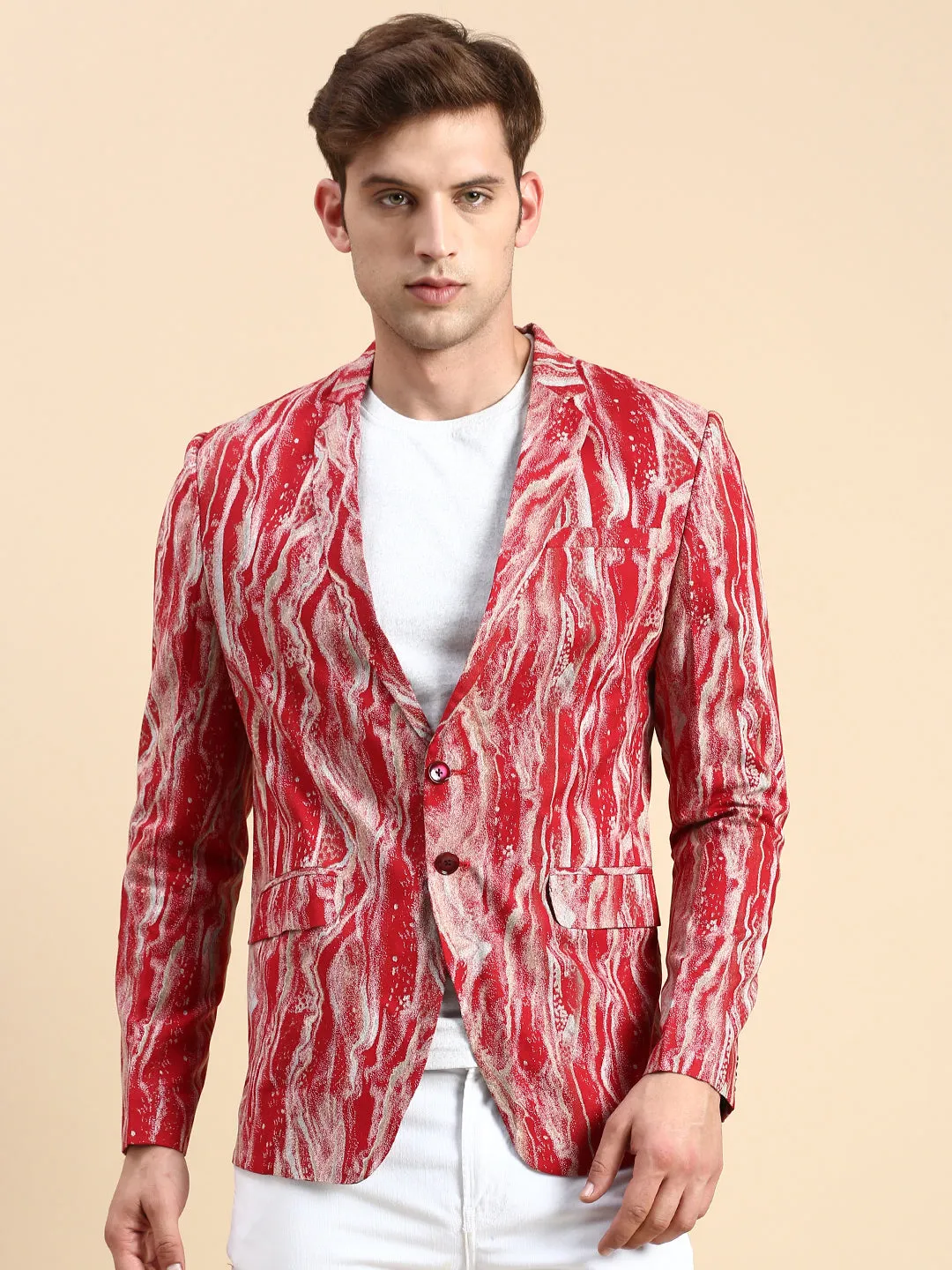 Men Maroon Printed Casual Blazer