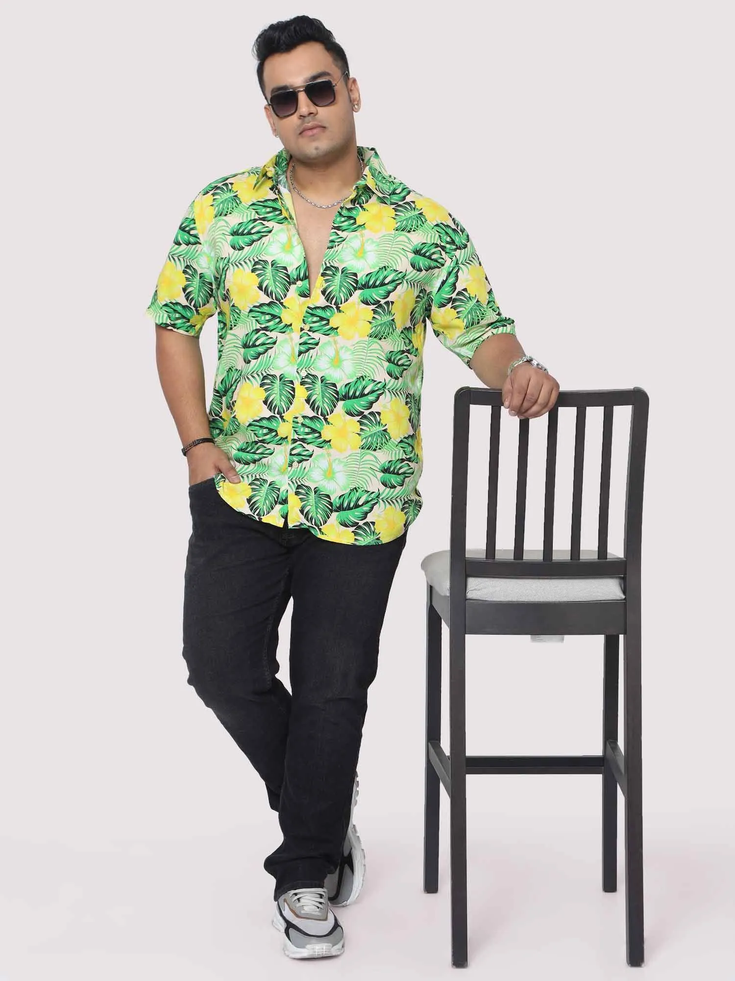 Men Plus Size Tropical Yellow Green Digital Printed Half Shirt