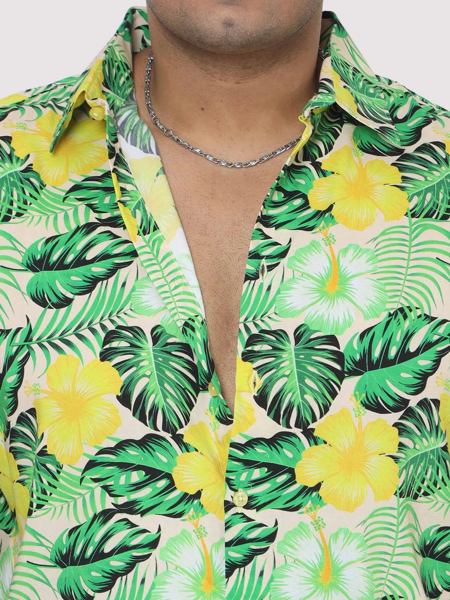 Men Plus Size Tropical Yellow Green Digital Printed Half Shirt