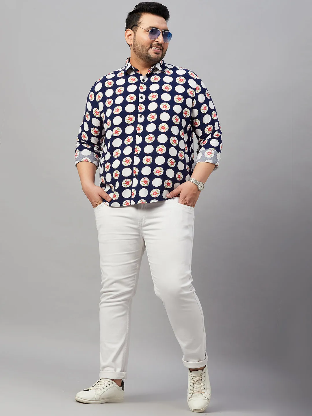 Men Printed Navy Blue Smart Shirt