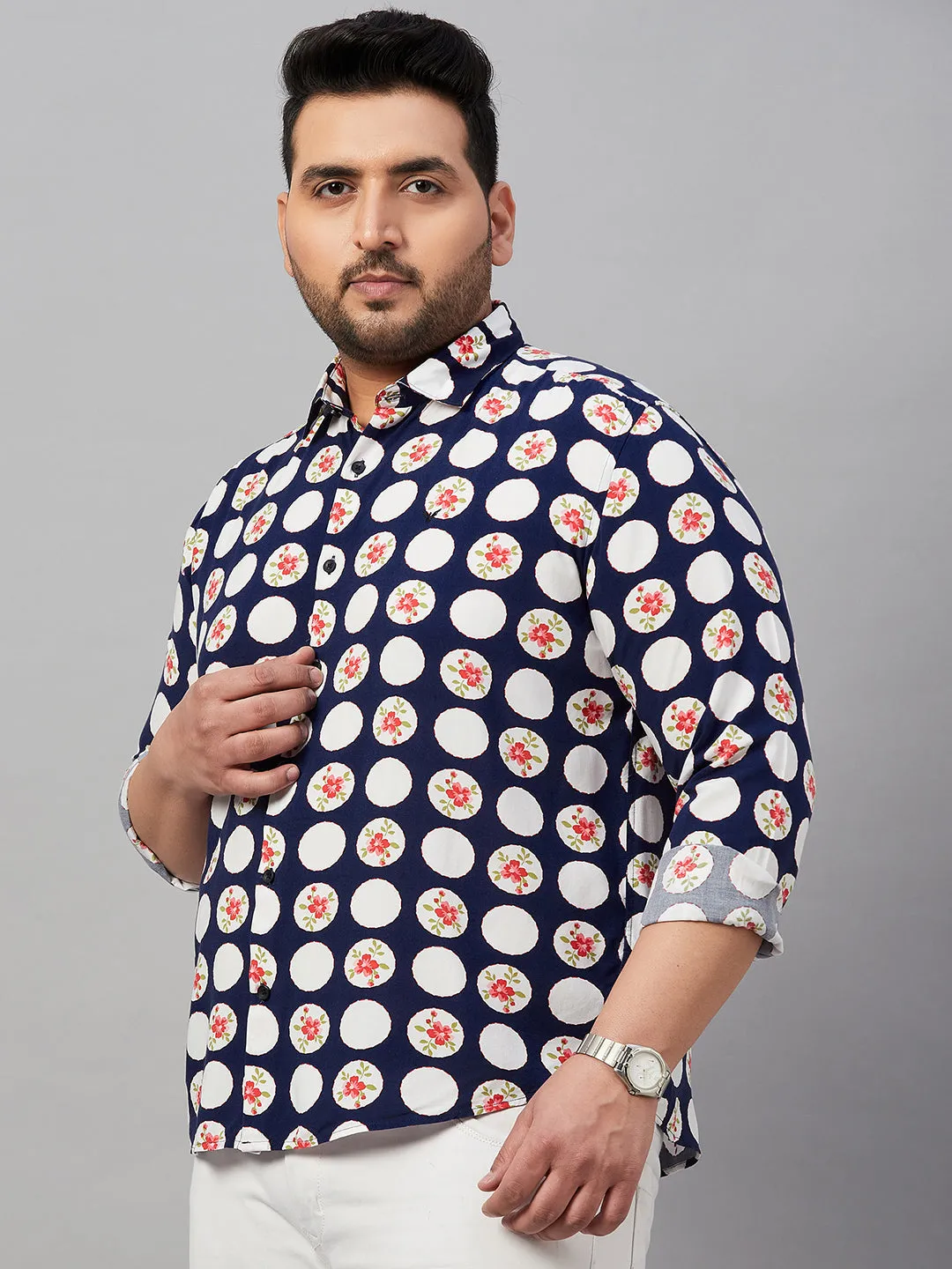 Men Printed Navy Blue Smart Shirt