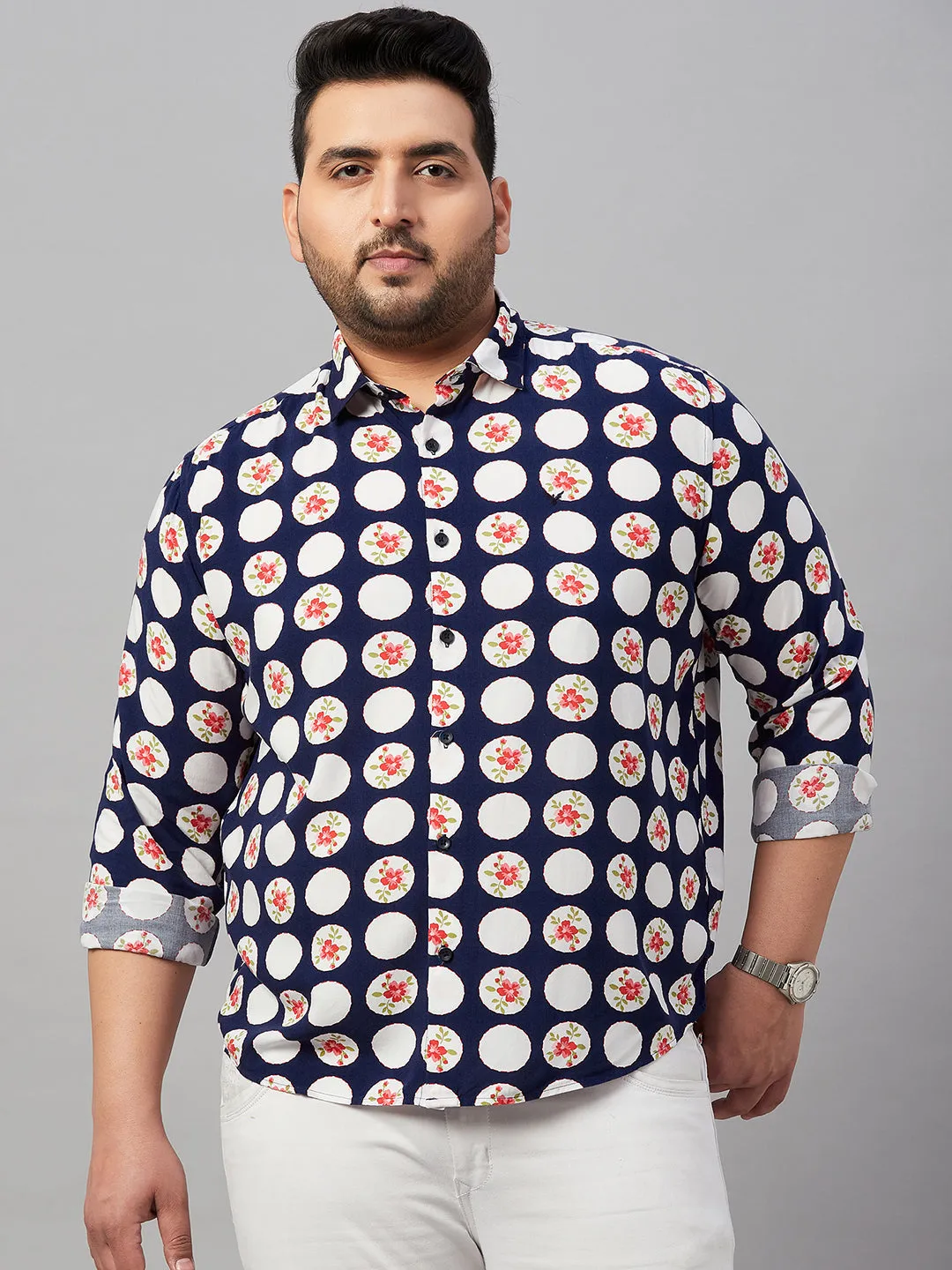 Men Printed Navy Blue Smart Shirt