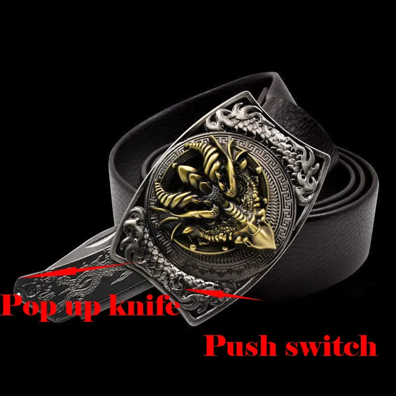 Men's Sharp-billed Dragon Leather Belt With Folding Knife