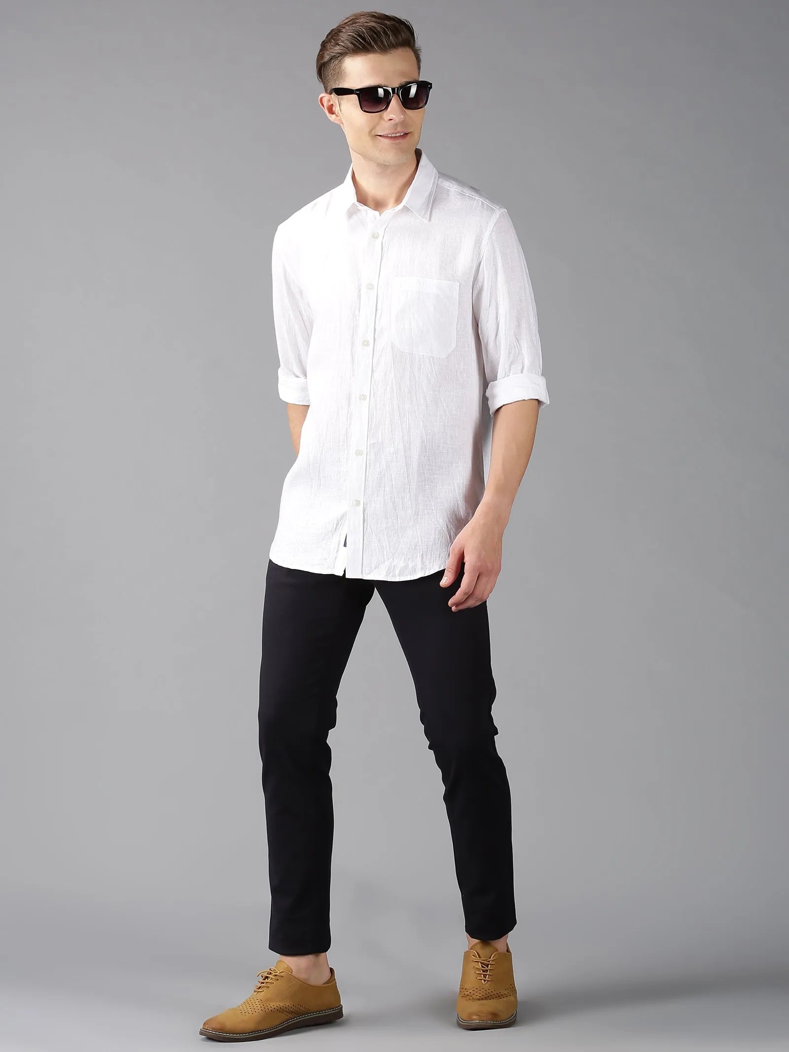 MEN'S WHITE LINEN SOLID SLIM FIT SHIRT