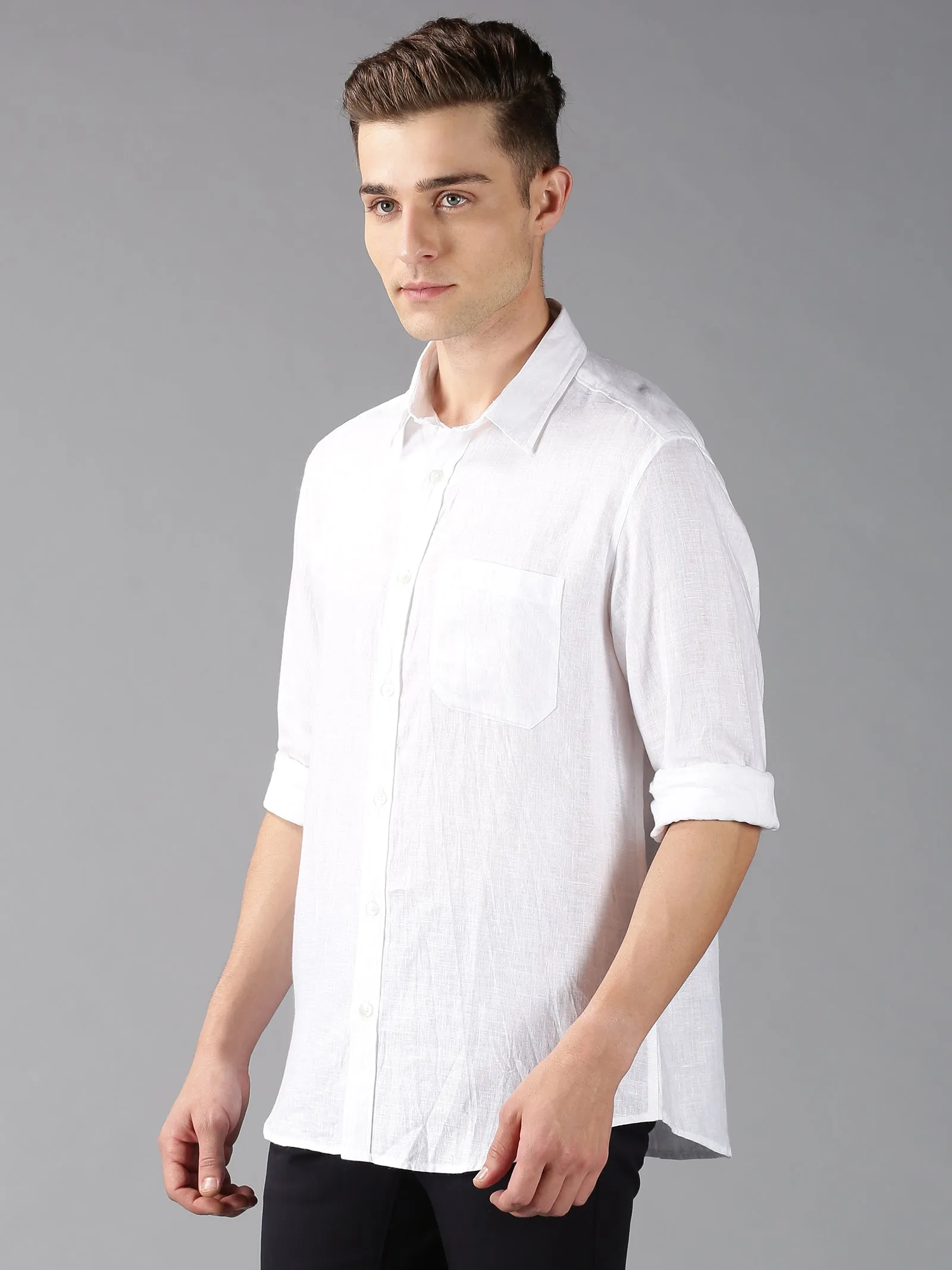 MEN'S WHITE LINEN SOLID SLIM FIT SHIRT