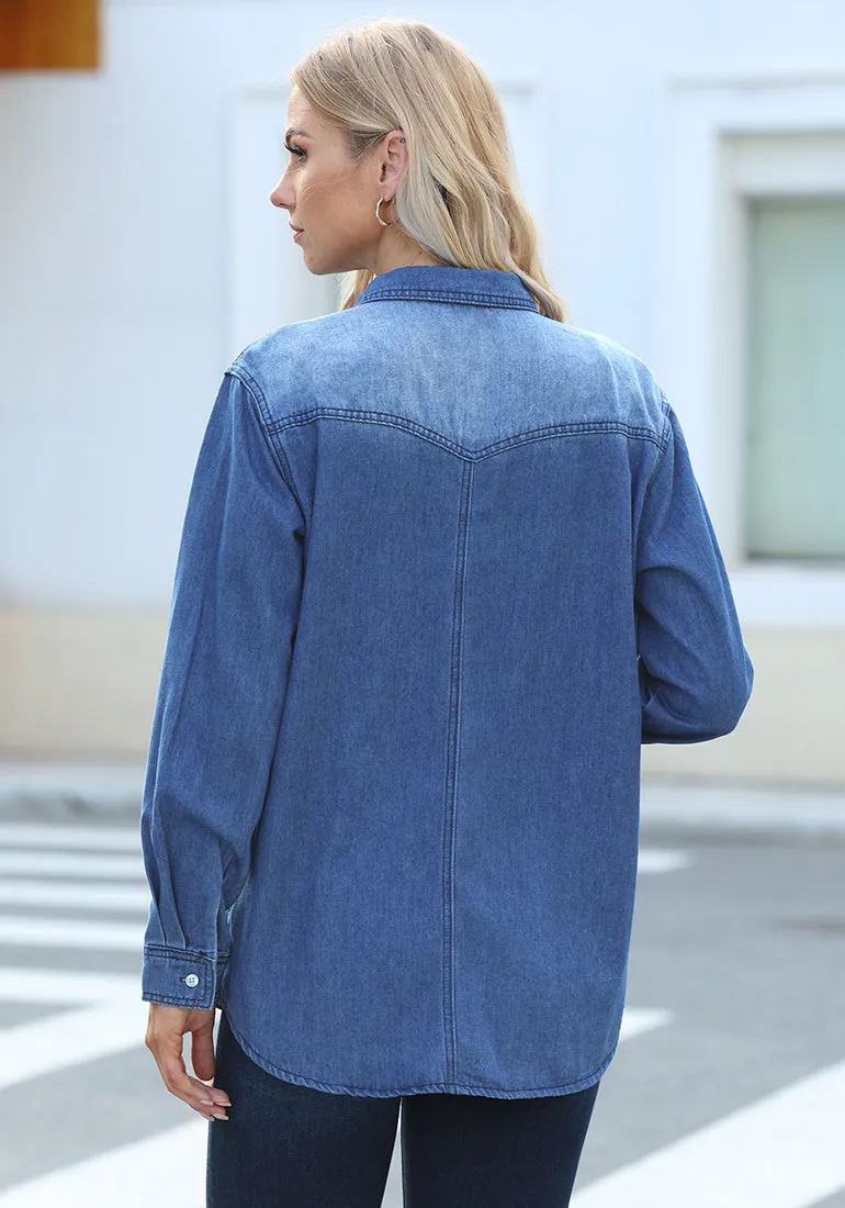 Midnight Blue Women's Trendy Long Denim Jackets Oversized Shackets with Pockets