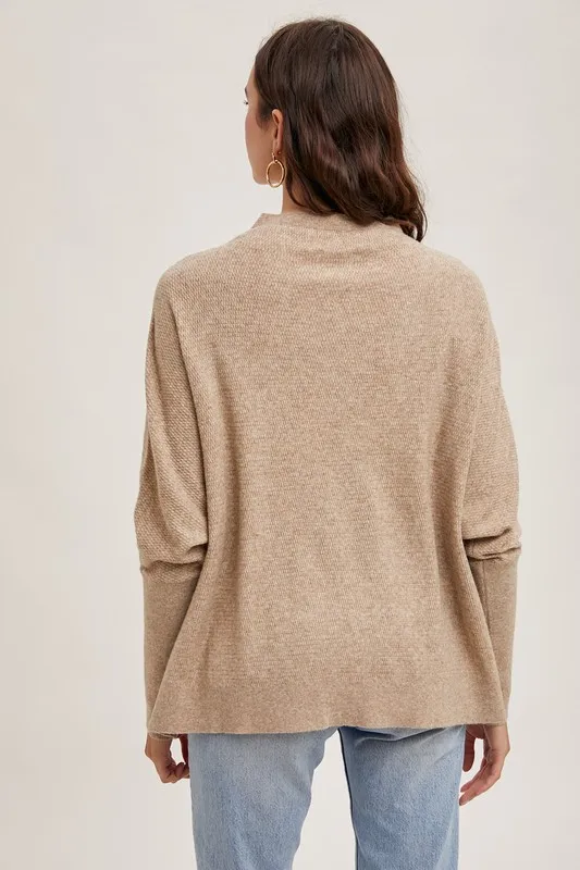 Mock Neck Dolman Sleeved Knit Top TAUPE