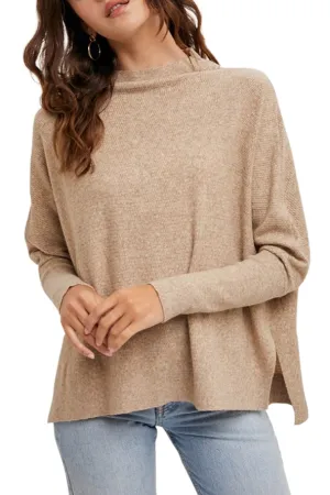 Mock Neck Dolman Sleeved Knit Top TAUPE