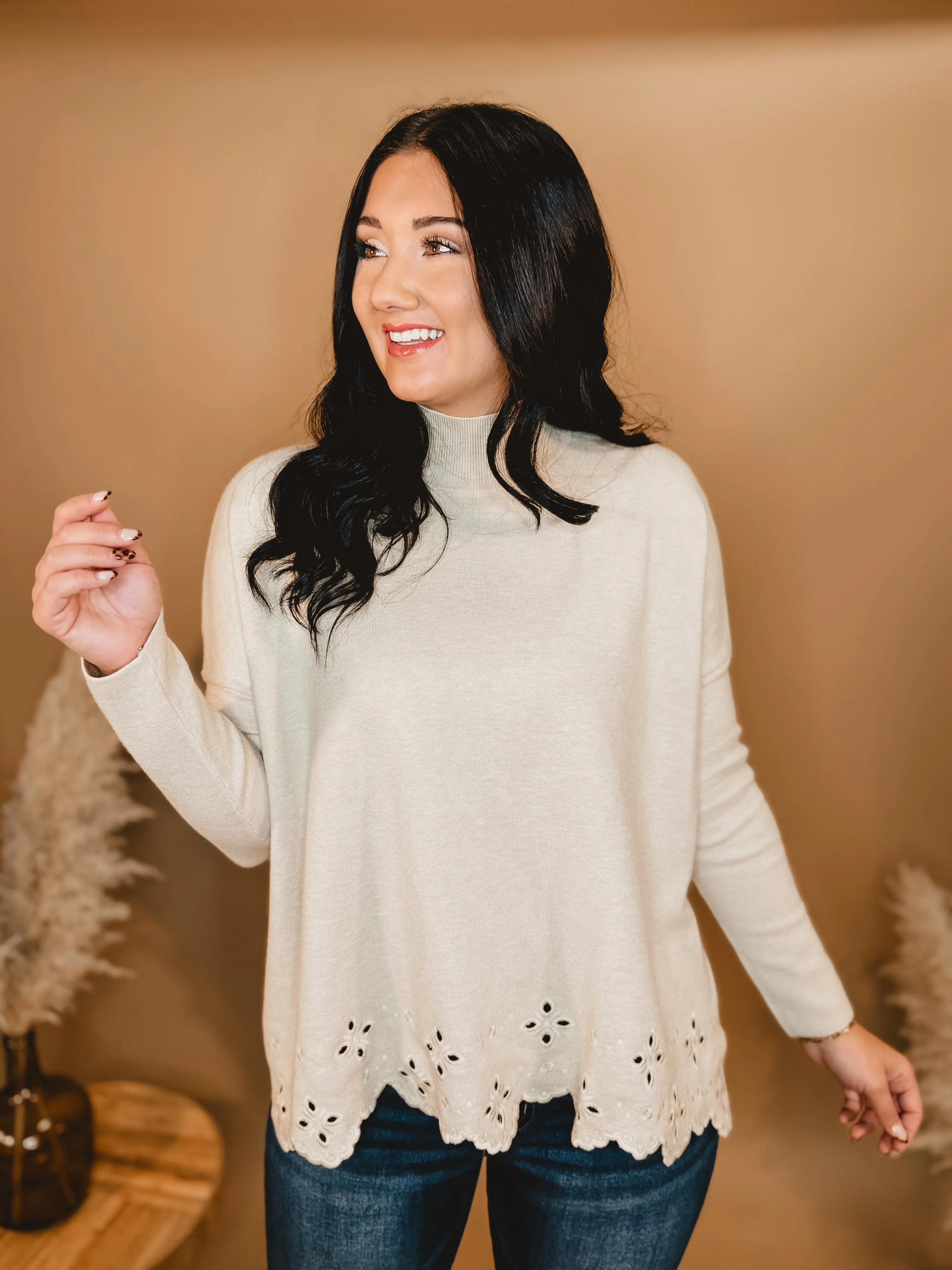 Mock Neck Eyelet Sweater - Oatmeal