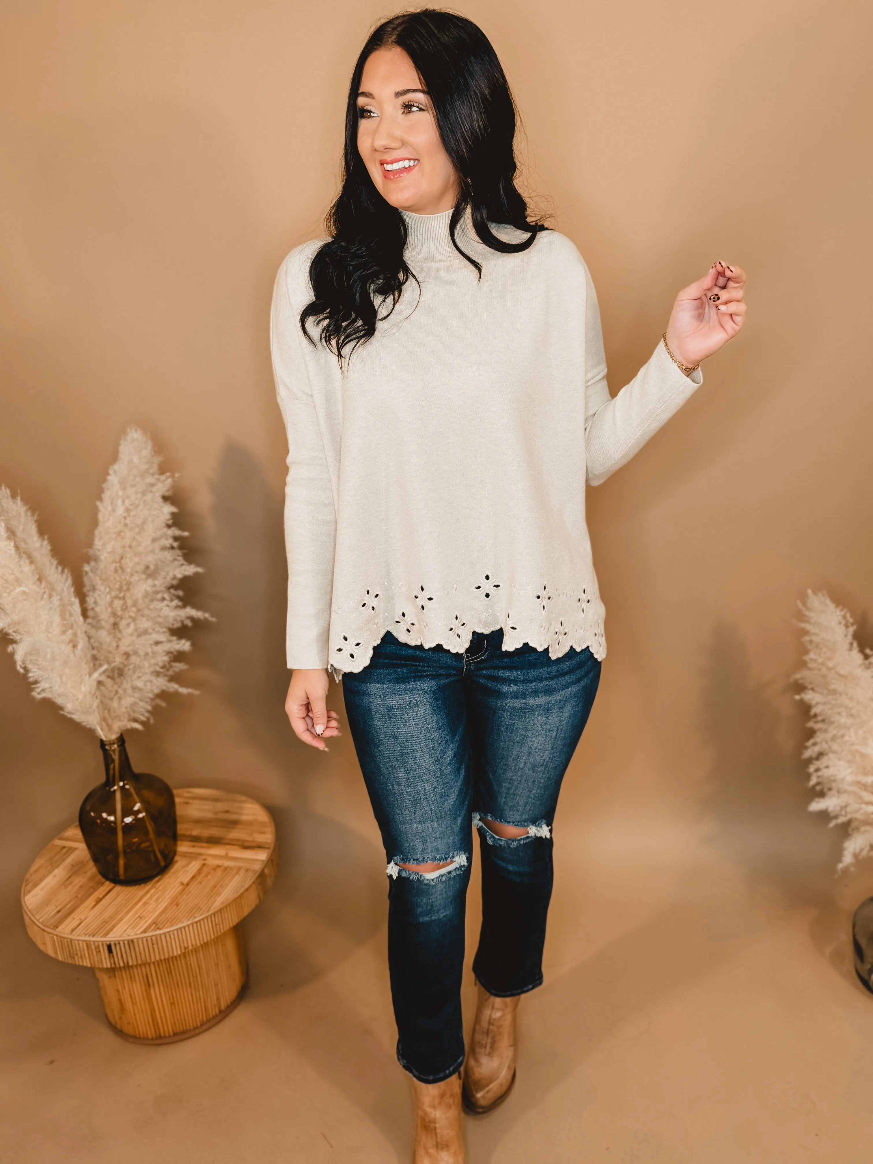 Mock Neck Eyelet Sweater - Oatmeal