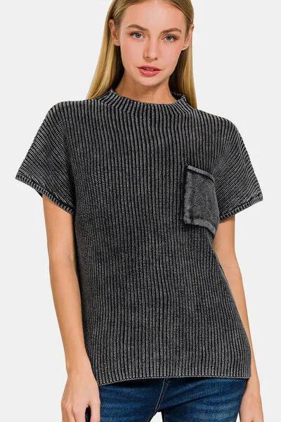 Pocketed Mock Neck Short Sleeve Sweater