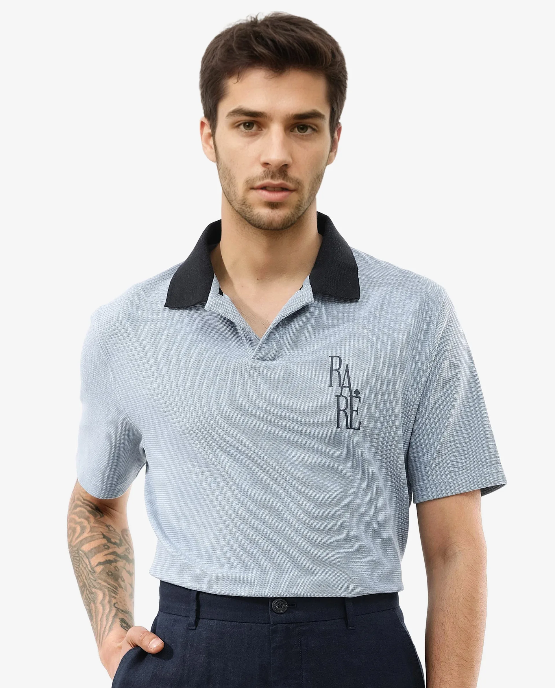 Rare Rabbit Mens Amber Dusky Blue Short Sleeve Relaxed Fit Johnny Collar Polo T-Shirt