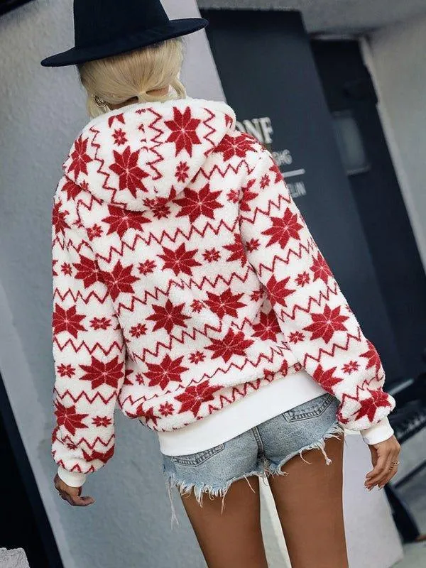 Red Poinsettia Soft Hooded Zipper Sweater