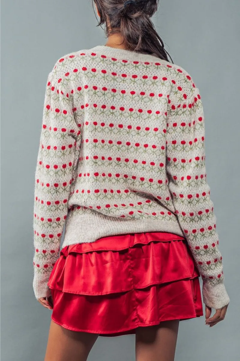 Rose Print Pullover Rib Knit Sweater