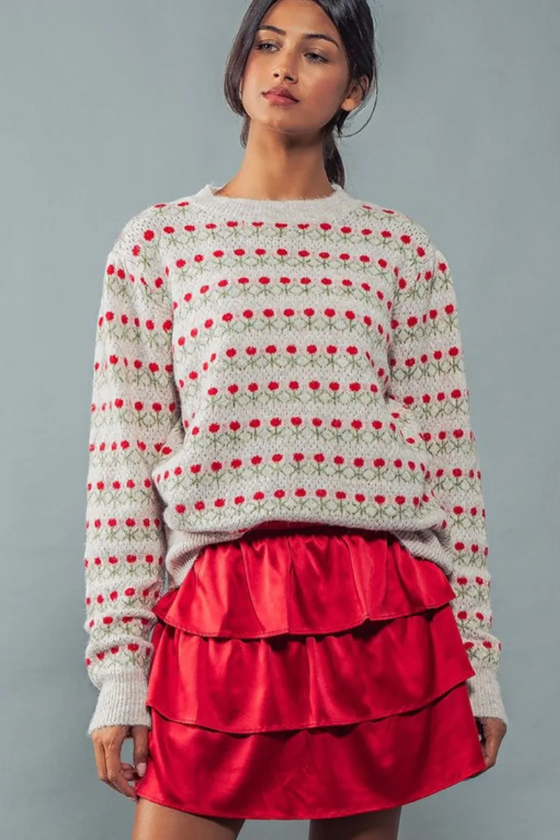 Rose Print Pullover Rib Knit Sweater