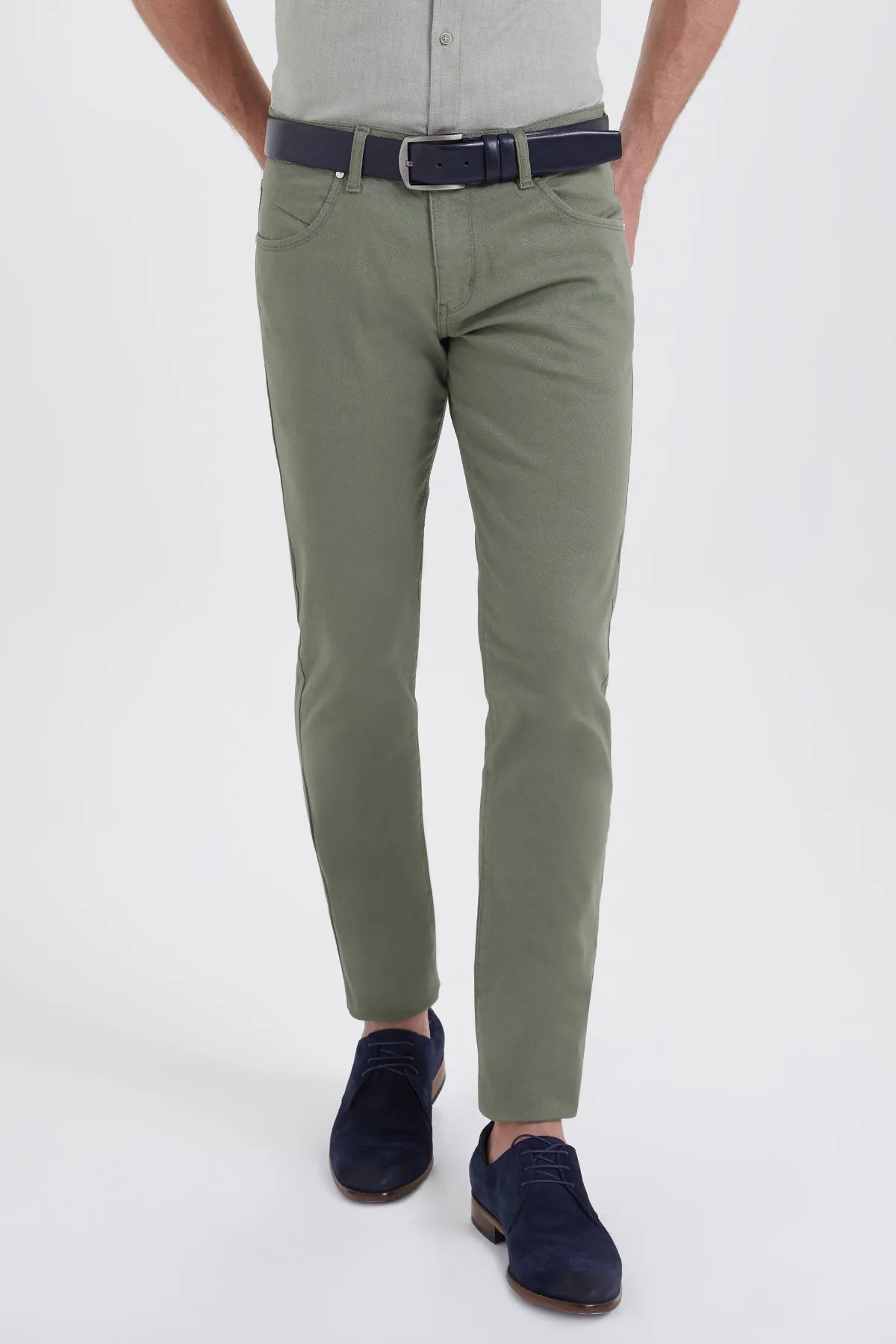 Slim Fit Low Waist Unpleated Cotton Blend Olive Casual Pants, Olive