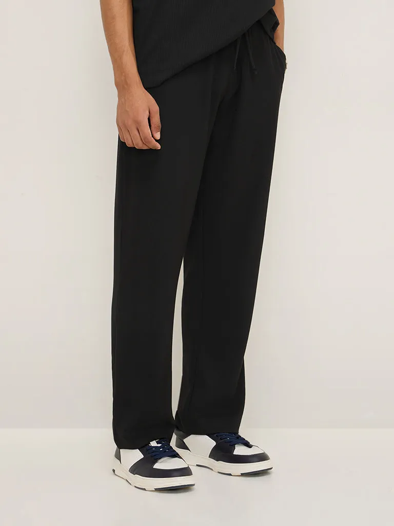 Studiofit Black Ribbed Relaxed-Fit Mid-Rise Track Pants