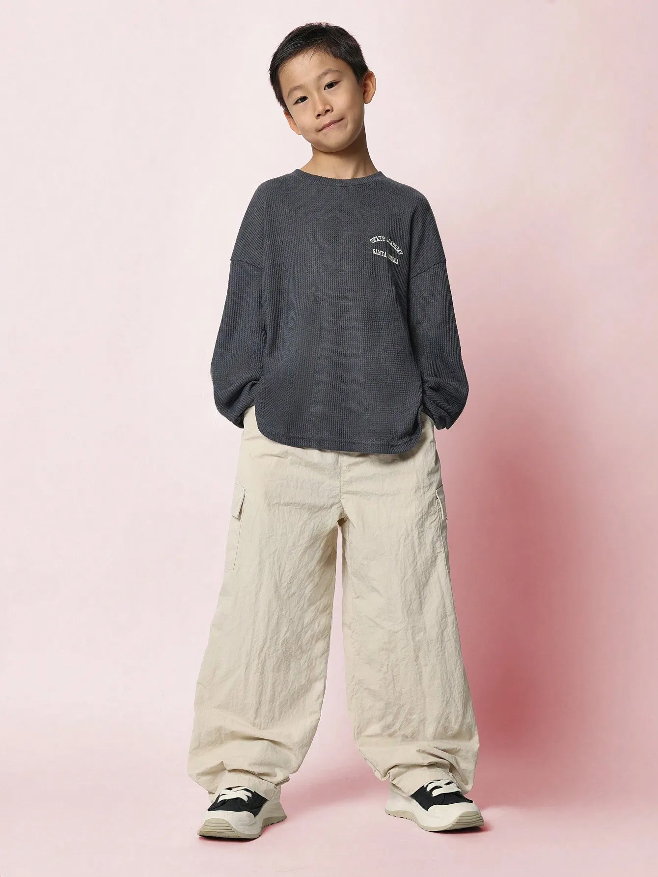 Tween Boys Comfy Regular Fit Long Sleeve Waffle Tee With Small Embroidery Pattern